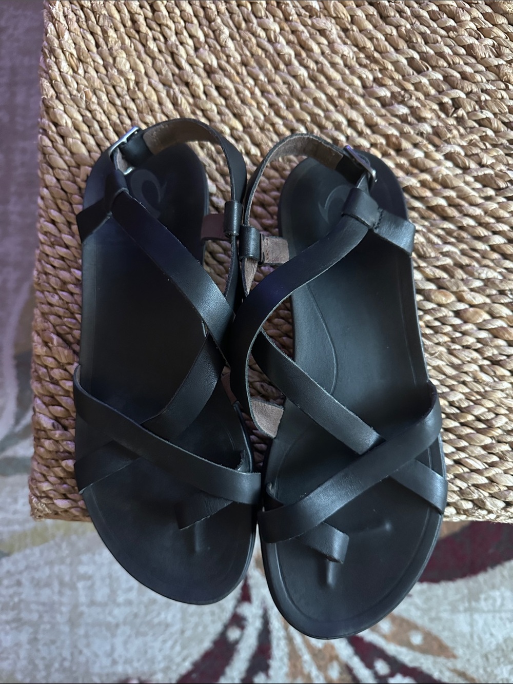OluKai Black Leather Cross-Strap Sandals - Picture 2 of 8